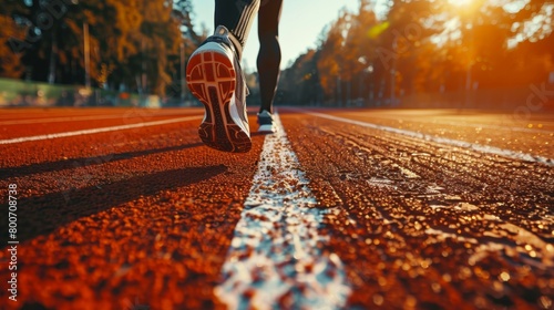 Vibrant close-up of athlete's feet on running track at sunset, symbolizing determination and Olympic ambitions in sports, vibrant colors enhancing dynamic feel. photo