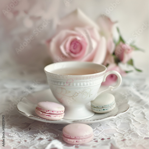 A white cup with pink and blue macarons on a lace tablecloth