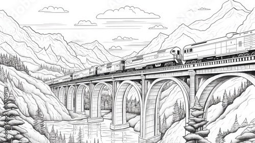 Train on Bridge Sketch 🚂 Vintage Train Crossing Bridge Illustration ✏️ Classic Transportation Scene