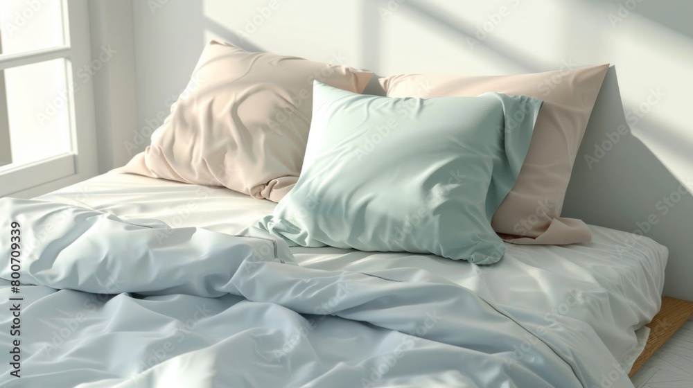 Blank mockup of soft pastelcolored bed sheets on a cozy single bed. .