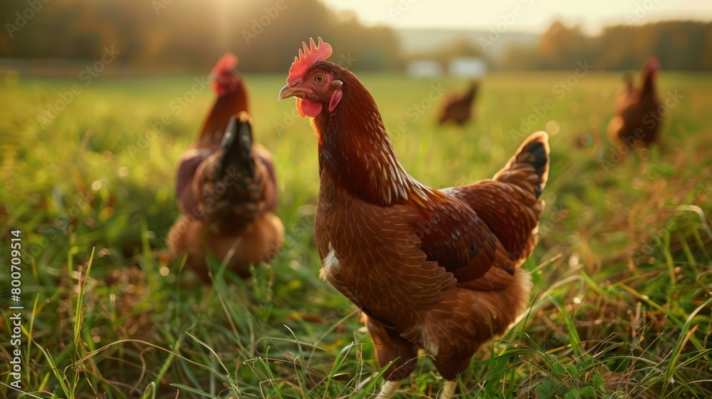 Fototapeta premium Red feather laying hen poultry on traditional rural farm.