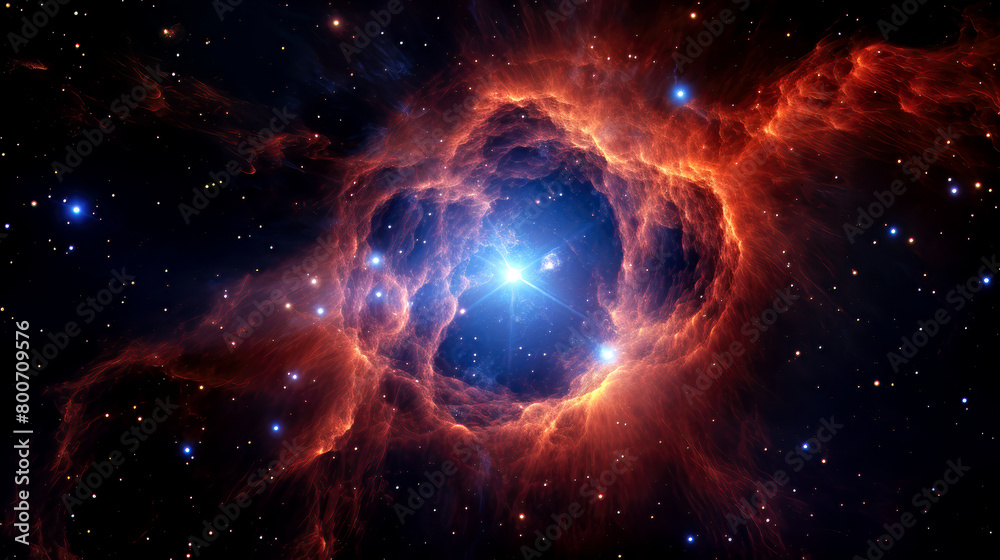 Obraz premium Red blue orange exploding star nebula, celestial astronomy, interstellar clouds dust gas
