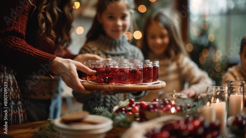 A child passing around a tray of cranberry punch to their delighted family members. photo