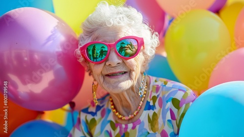 a happy old woman in colorful sunglasses surrounded by balloons
