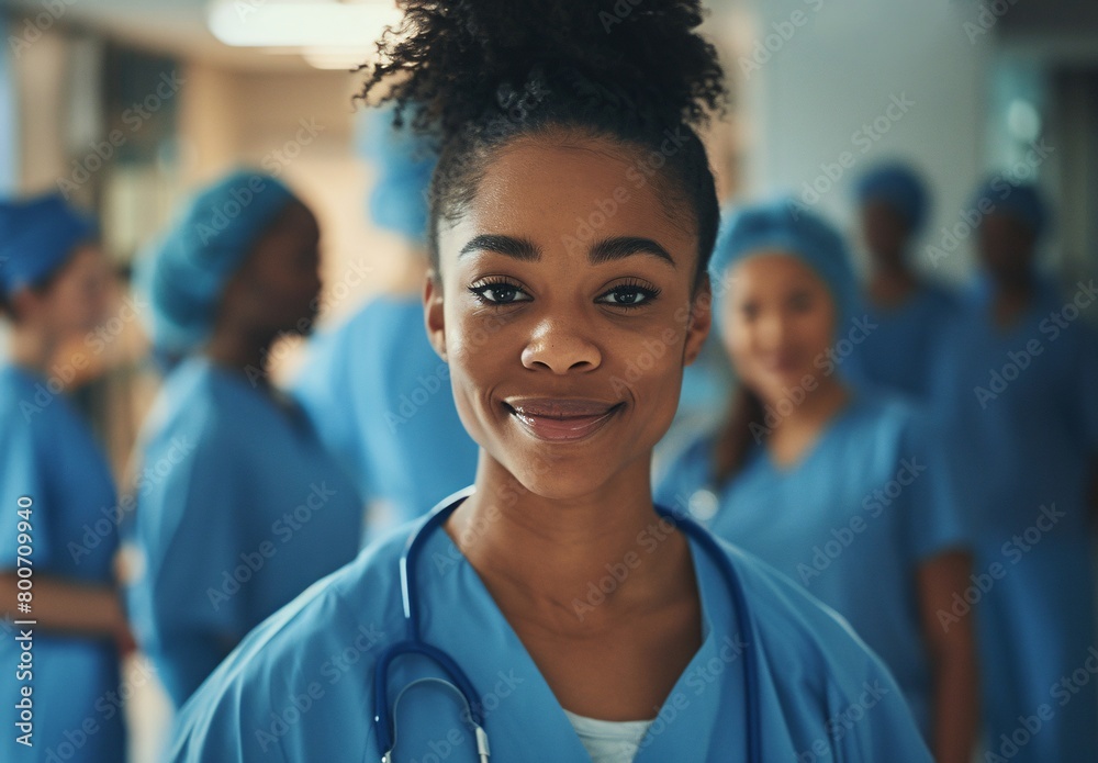 portrait of a smiling black nurse in front of a group of other nurses in a hospital portrait of a smiling black nurse in front of a group of other nurses in a hospital