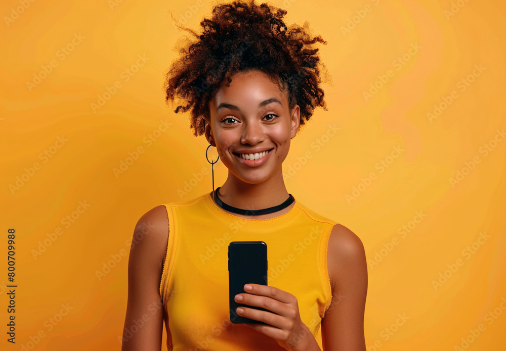 portrait of a young smiling black woman using a mobile phone isolated on a yellow background