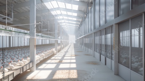 Modern and clean white feather broiler chicken cage, laying hen farming industry.