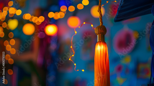 A yellow tassel hangs from a string of lights. The tassel is lit up, creating a warm and inviting atmosphere. The room is decorated with various lights and artwork, giving it a cozy and artistic feel photo
