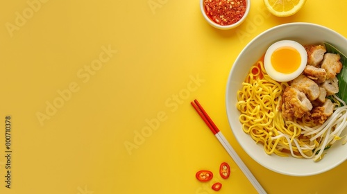 Indonesia chicken noodle with chilies and vegetable copy space background photo