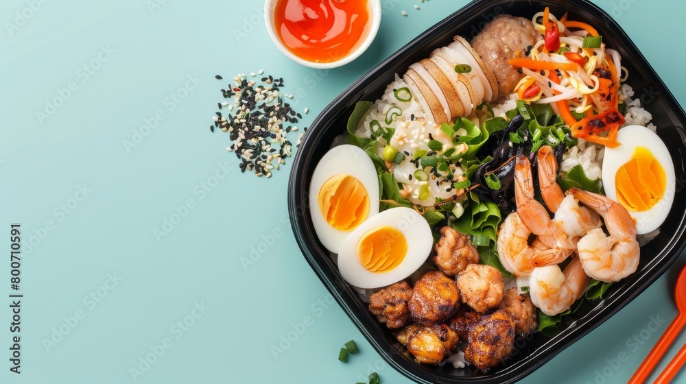 Meal box with rice, shrimp, squid, black pepper and egg copy space Meal box with rice, shrimp, squid, black pepper and egg copy space