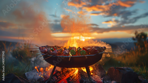A large skillet with skewers of meat and vegetables on top of a fire. The fire is orange and the sky is a beautiful orange and pink color photo