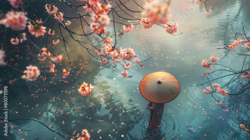 A person is standing on the edge of a body of water under a canopy of blooming cherry blossom branches. The person is wearing a traditional Asian conical hat and appears to be facing away from the cam