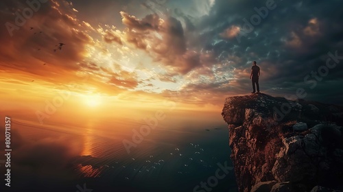A person stands on the edge of a high cliff overlooking the sea at sunset. The sky is dramatic with a mix of dark, ominous clouds and bright, fiery tones where the sun is setting on the horizon. Rays 