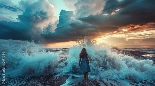 The image features a dramatic seascape at sunset or sunrise, showcasing a dark, stormy sky with an interesting cloud formation tinted by the warm glow of the sun near the horizon. In the foreground, a © Jesse