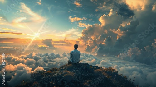 A solitary individual is seated in a meditative pose at the edge of a high peak, seemingly above the clouds. The person's back faces the viewer, and they are wearing a light blue shirt paired with uni