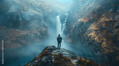 The image captures an individual standing at the edge of a rocky outcrop, gazing out towards a majestic waterfall. The person is wearing a black jacket, jeans, and dark shoes, and is viewed from behin photo