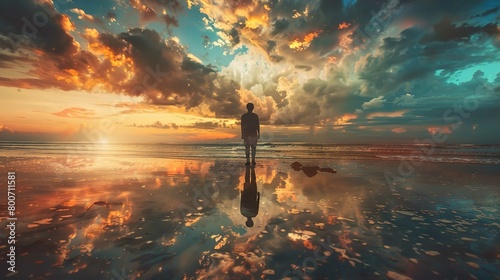 The photograph features a person standing on a smooth, wet beach at sunset. The sky is dramatic, filled with vivid clouds reflecting the orange and blue hues of the setting sun. The sun itself is near