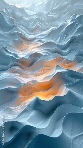 Desert dunes, abstract, clouds, 3d render image, gray, blue, orange, landscape, ar 9:16