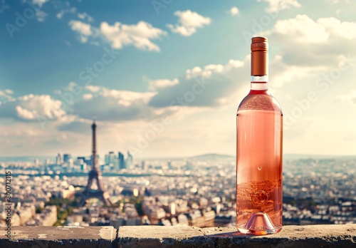 Product of rose wine bottle on the top with Paris as a background