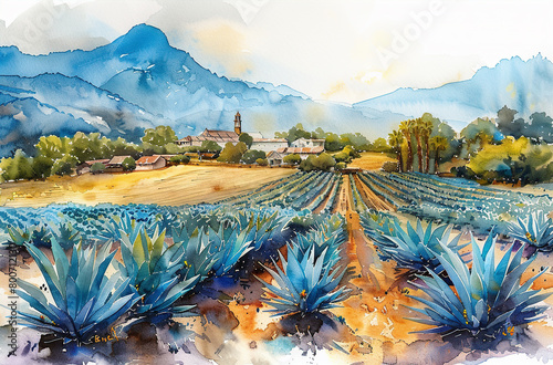 Watercolor illustration of blue agave farm