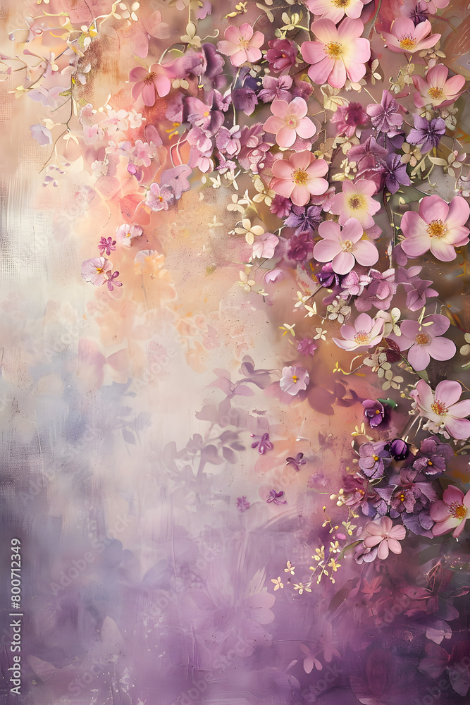 A painting of a flowery background with pink flowers in the foreground. The painting has a soft, romantic feel to it