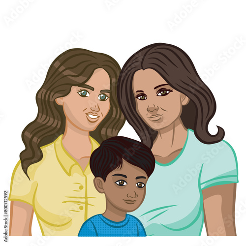 Family consisting of two mothers and a smart son daughter. Color family portrait style illustration isolated on transparent background.