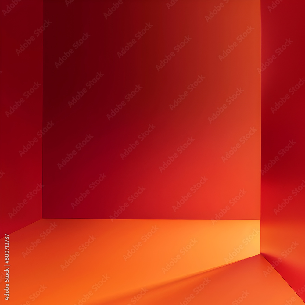A red room with a wall that is orange. The room is empty and has a very bright and warm atmosphere