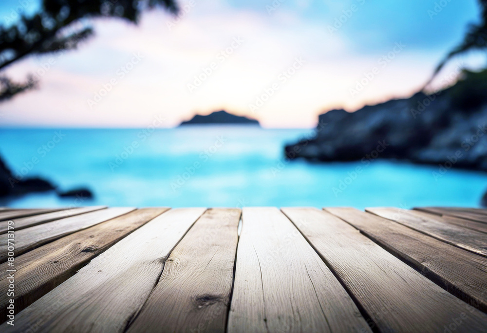 Fototapeta premium 'background blur landscape beach table wooden long advertising blank breakfast business cafes coast coconut hot drink concept client decoration design desk display empty evening food island'