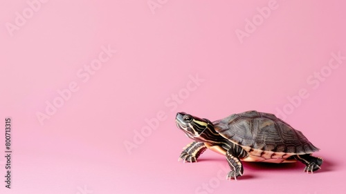 Turtle on pink background with space left side photo