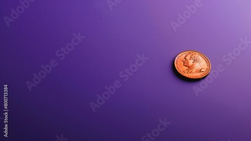 Single penny on purple background, upper right