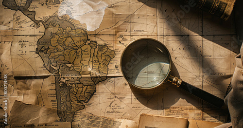 Vintage map with magnifying glass highlighting Africa in sunlight