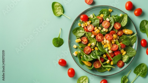 salad with cherry tomatoes, spinach leaves and sweet corn on a light green background generative ai © Kelly