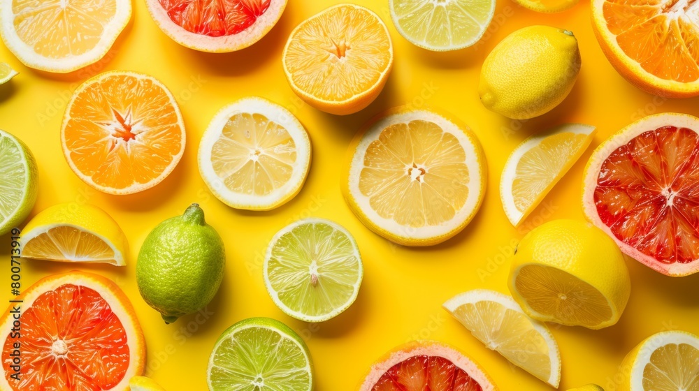 A composition of citrus fruits (lemons, limes, oranges) cut into slices generative ai A composition of citrus fruits (lemons, limes, oranges) cut into slices generative ai