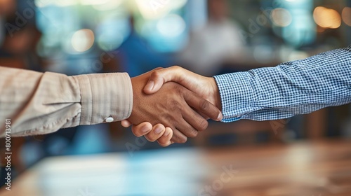 two people shake hands at a table in an office