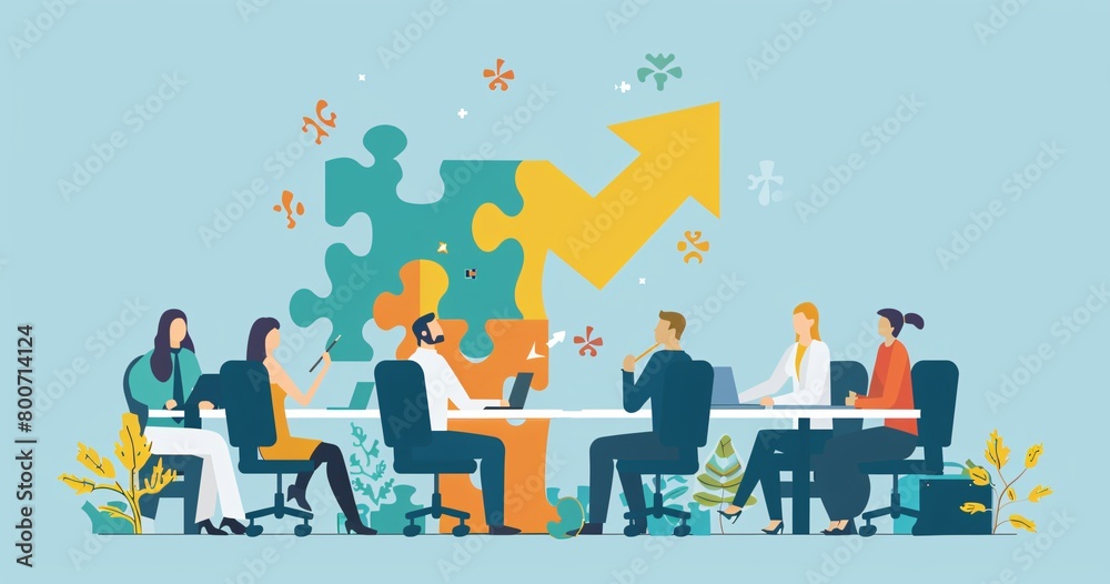 vector illustration of business people working at a table working on a puzzle with an arrow pointing up vector illustration of business people working at a table working on a puzzle with an arrow pointing up