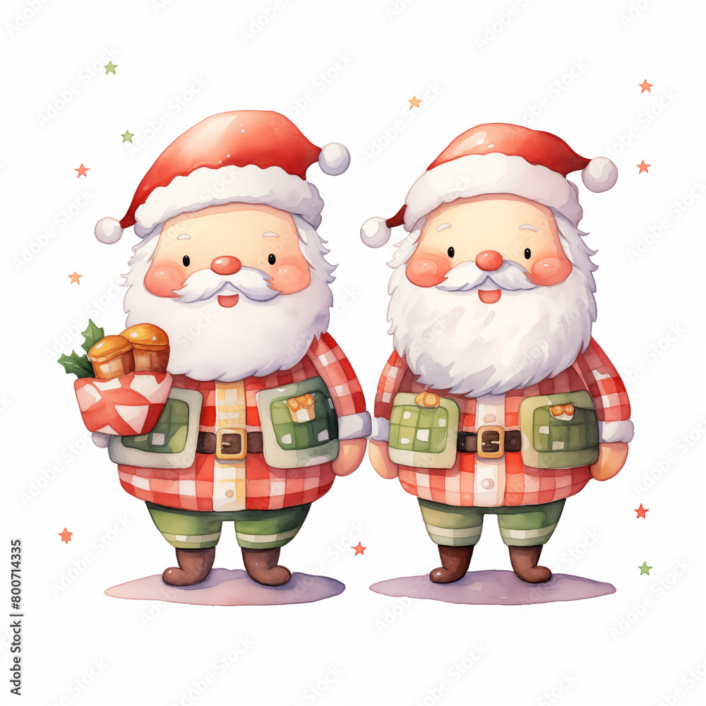 watercolor cute kawaii Santa Claus full body, on Christmas day, texture paper, hand-painted details, on a white background watercolor cute kawaii Santa Claus full body, on Christmas day, texture paper, hand-painted details, on a white background