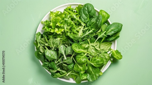 A composition of green leafy vegetables  spinach  lettuce  arugula  arranged on a white plate generative ai