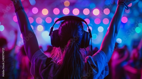 A person expressing their enjoyment and freedom at the silent disco with their arms raised up in pure bliss. photo