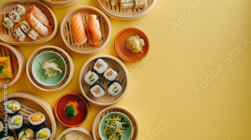 Oriental dish sushi with salmon, tuna and vegetable copy space isolated background