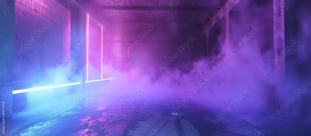 3D rendering. Futuristic garage space filled with thick smoke and neon lights