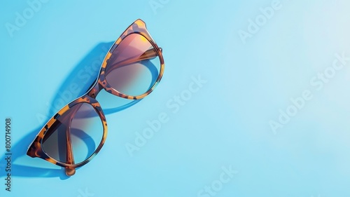 Pair of tortoiseshell sunglasses casting shadow on blue background photo