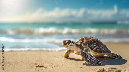 Sea turtle on sandy beach with waves in background under blue sky