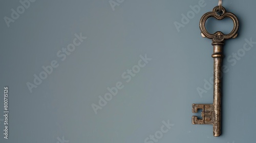 Antique key hanging on blue wall