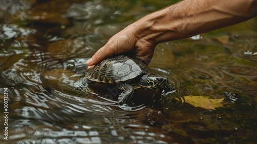 Human hand releases turtle into water