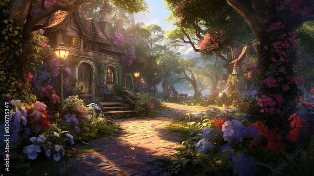 A magical garden filled with blooming flowers and winding pathways, evoking a sense of tranquility and wonder. 
