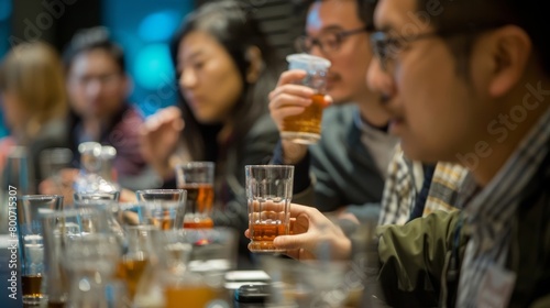 A group of workshop attendees engaging in a group activity where they have to guess the alcohol content in various drinks.