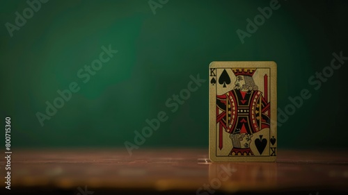 King of spades playing card standing on wooden surface against dark green background photo