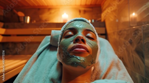 A picture of a person wearing a clay mask inside a sauna with a caption explaining how saunas can help to detoxify the skin leading to better hormonal balance..