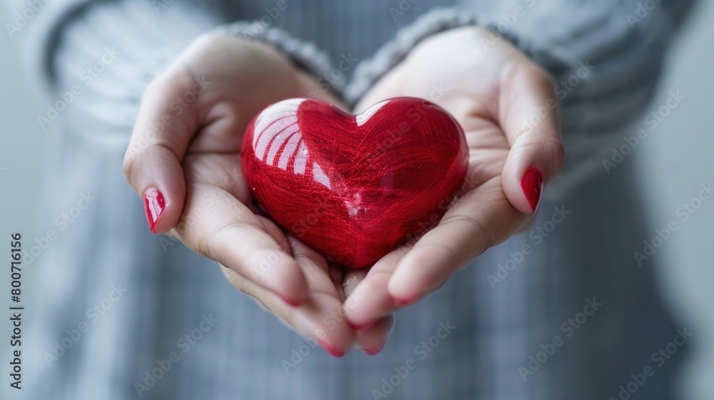 Close-up of glossy red heart shape holding in hands, concept of health, donation and cardiology, symbolizing love, charity, and medical care Close-up of glossy red heart shape holding in hands, concept of health, donation and cardiology, symbolizing love, charity, and medical care