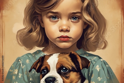 Charming art portrait captures the innocence and joy of an 8-year-old child with their beloved puppy, radiating warmth, love, and companionship.